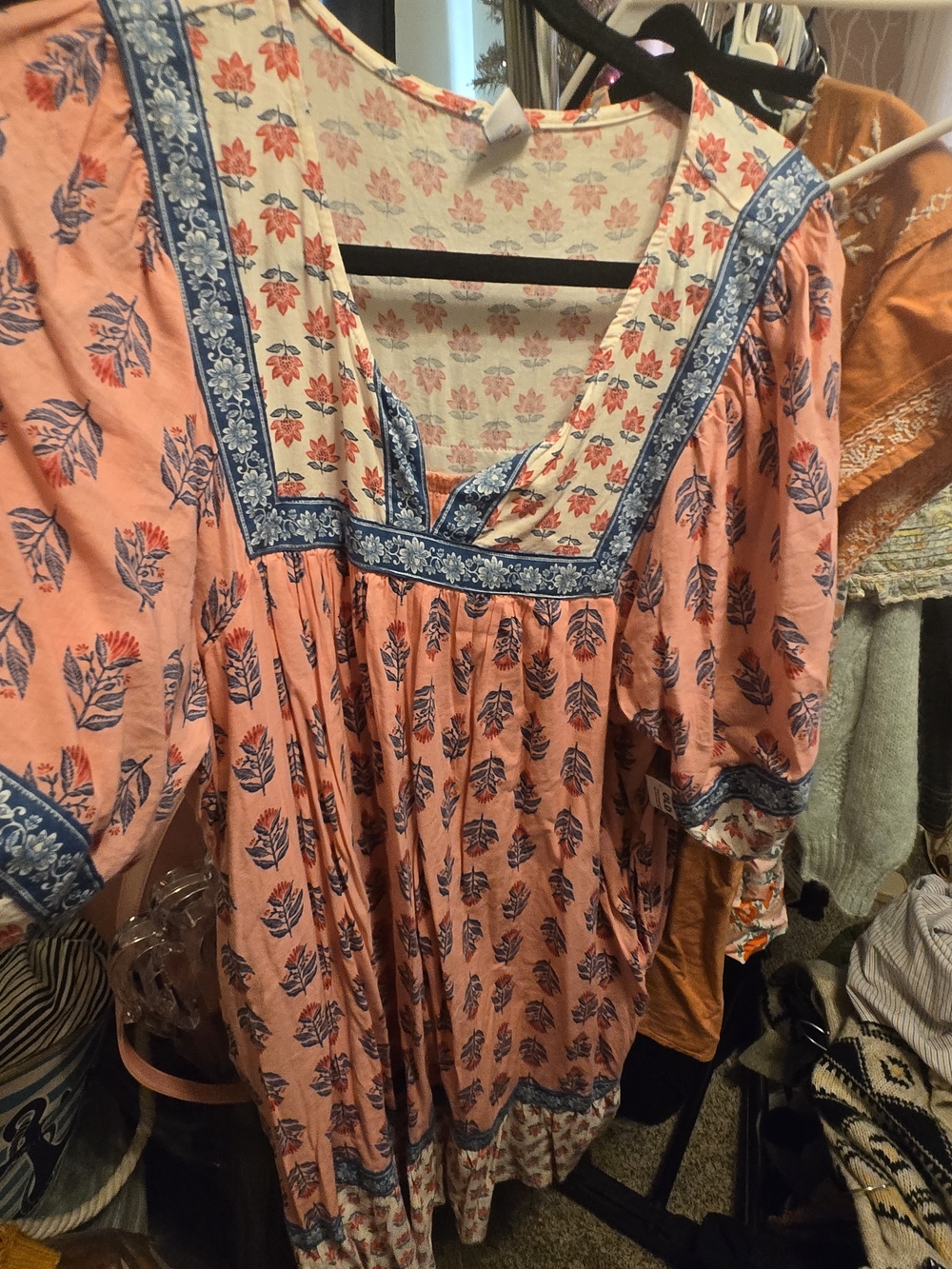 Old Navy Peach Floral Square-Neck Tunic with Blue Trim